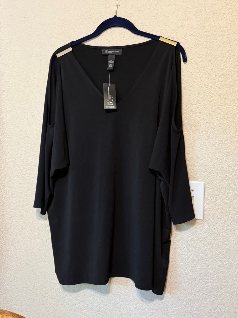 INC International Concepts Black V-Neck Cold-Shoulder Tunic with Gold Accent
